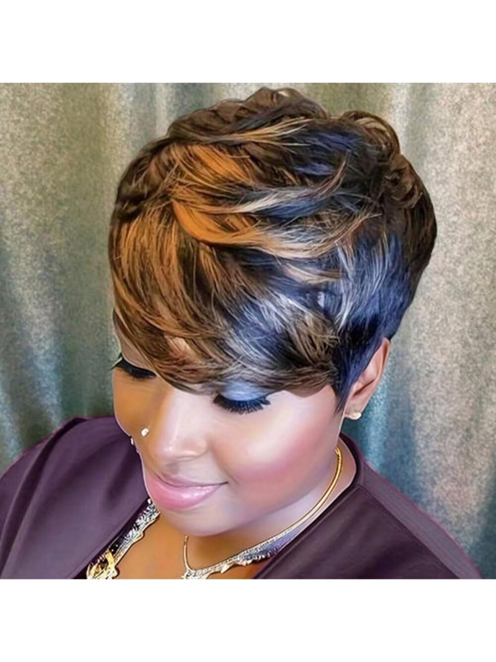 Short Brown Pixie Cut Wig for Women - 100% Human Hair, Straight, Bangs, Glueless